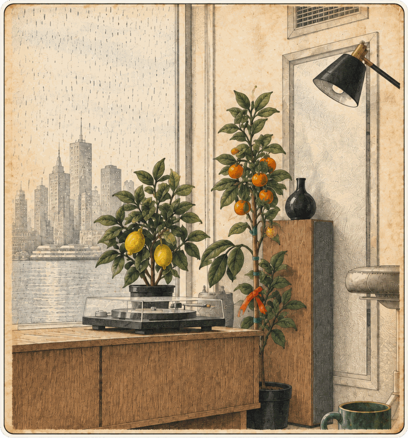 A weathered print: a potted lemon tree and a calamondin orange tree at a rain-streaked window, a record player on a walnut credenza, and the Manhattan skyline across the water.
